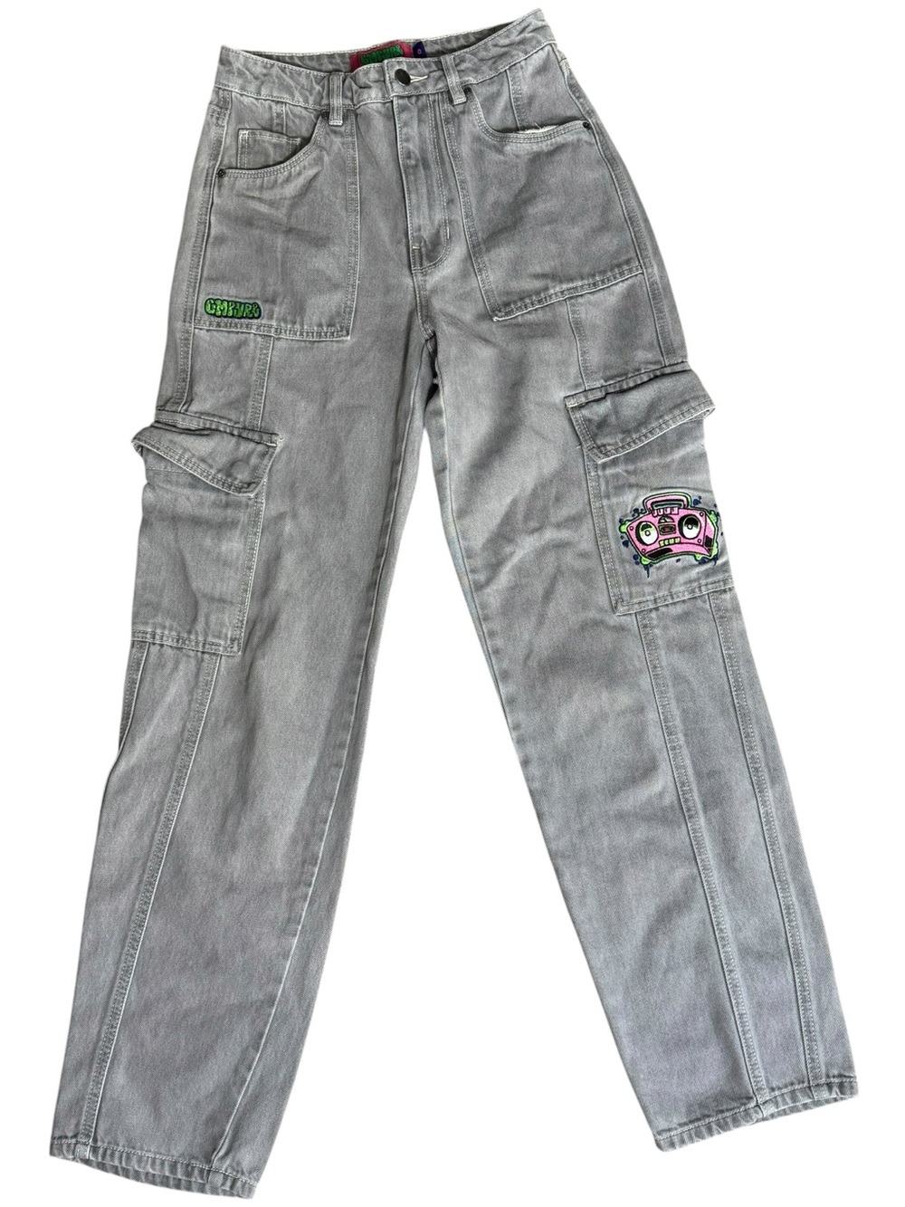 Empyre Tori Grey Cargo Skate Straight Jeans Porkchop Pocket Embroidered 0